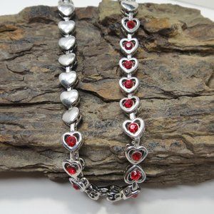 Silver Heart Necklace Red Rhinestones Chain Link Strand Valentines Day